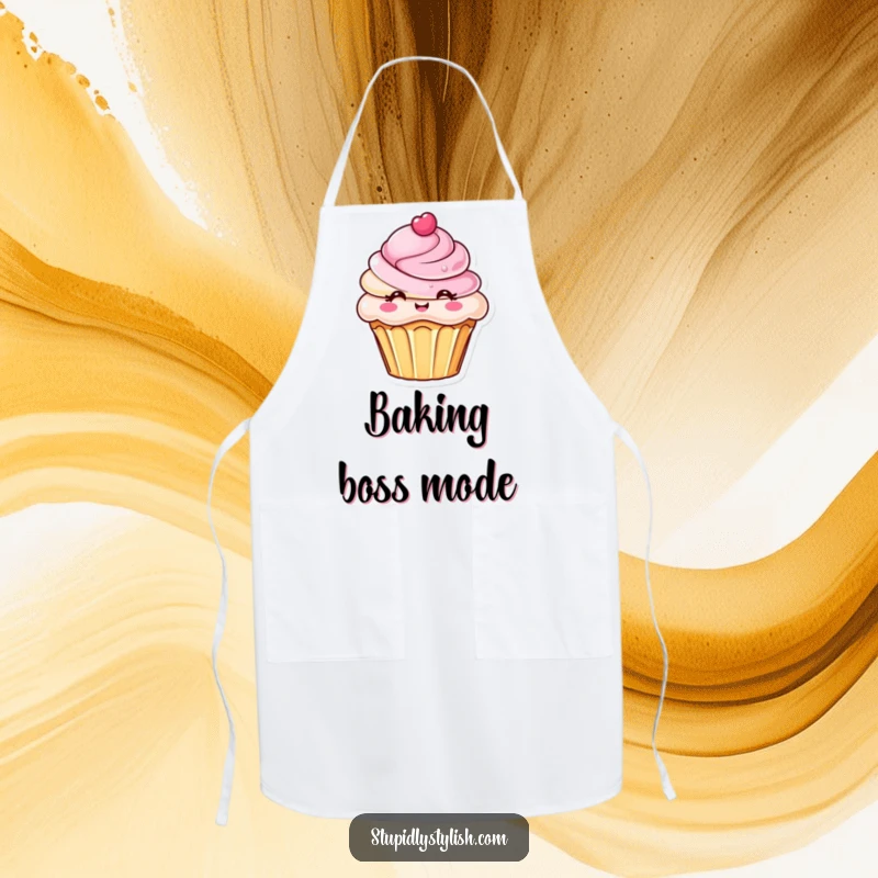 Funny apron showing a chic cupcake with an elaborate frosting design, a sweet and humorous kitchen accessory for baking.