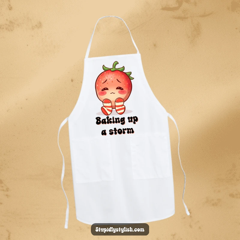 Funny apron showing a confused, blushing strawberry wearing mismatched socks, perfect for humorous and stylish kitchen adventures.