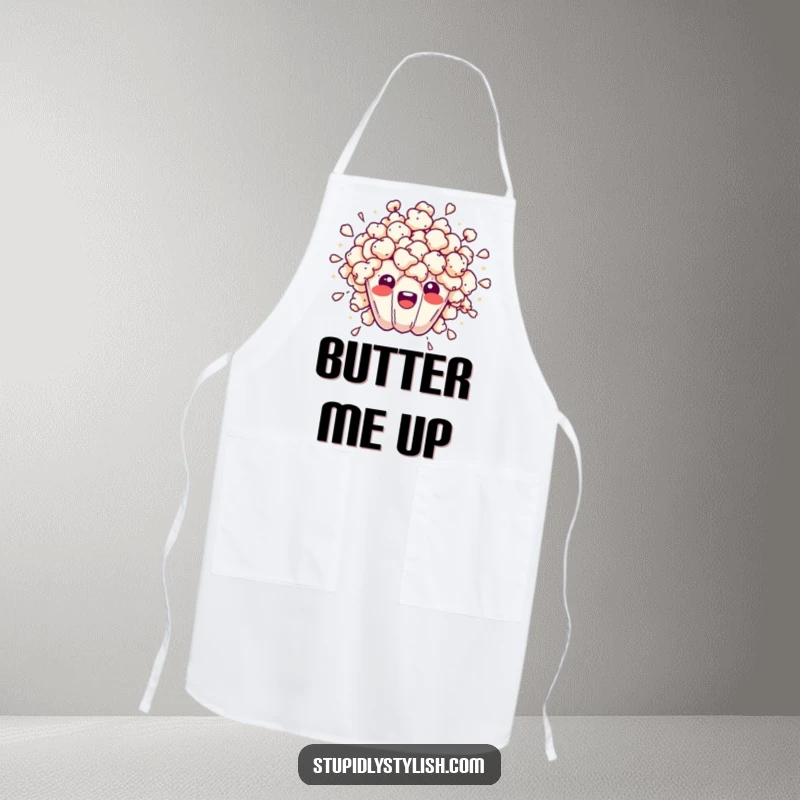 Funny apron with an overwhelmed popcorn kernel bursting outwards, adding humor to kitchen tasks and protecting clothing.