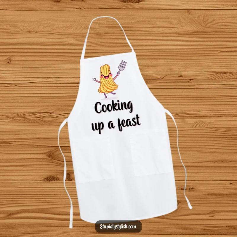 Funny apron showing a joyful, dancing spaghetti strand with a fork, perfect for humorous and stylish kitchen adventures.