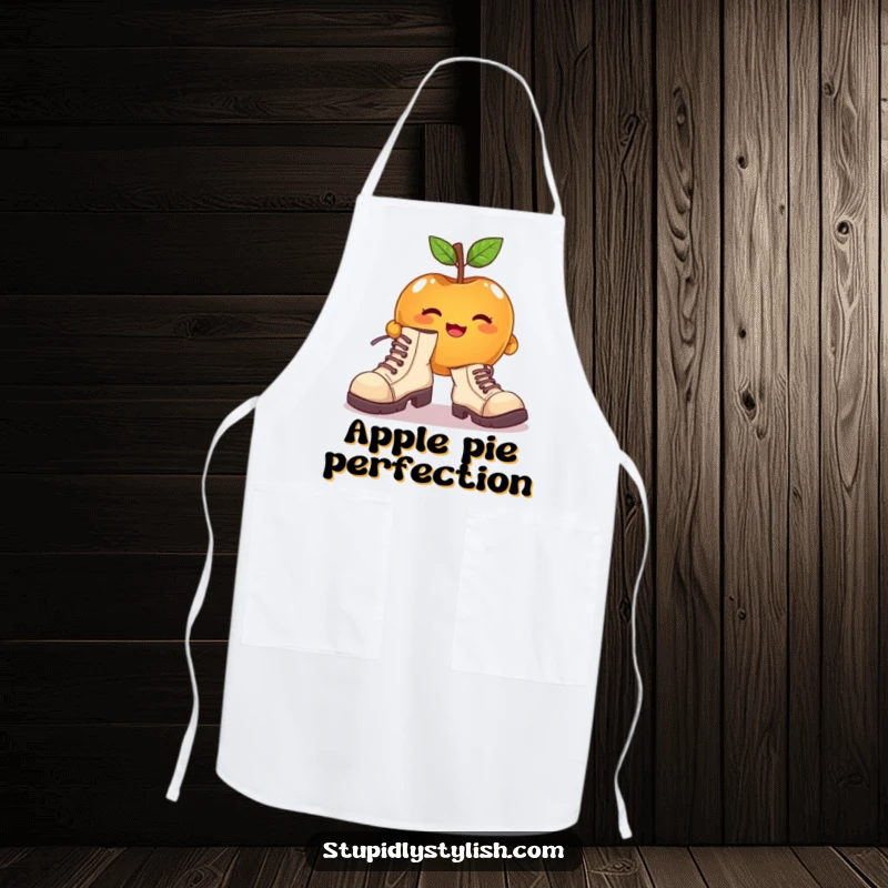 Funny apron with a cute apple character attempting to wear enormous, mismatched shoes, perfect for kitchen fun.