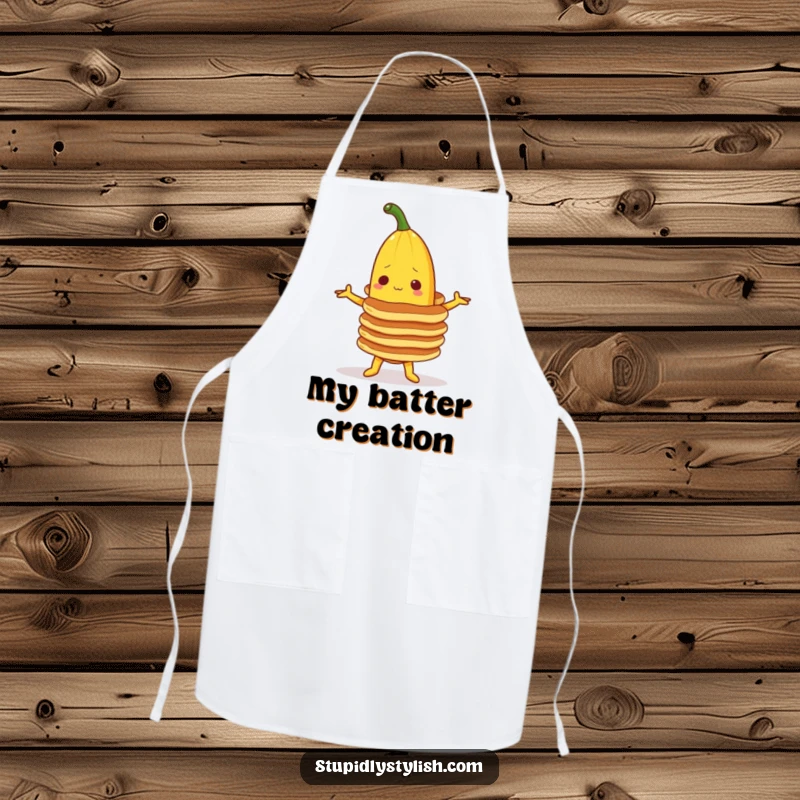 Funny apron with a banana character attempting to balance a stack of pancakes, ideal for kitchen fun and humorous cooking.