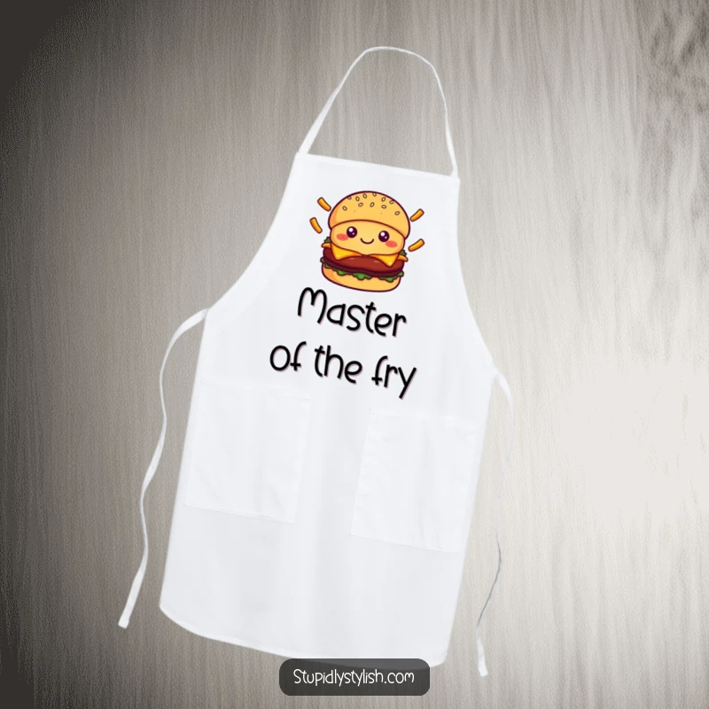Cute smiling burger character juggling falling french fries, ideal for a kitchen apron that brings food-themed joy and humor.