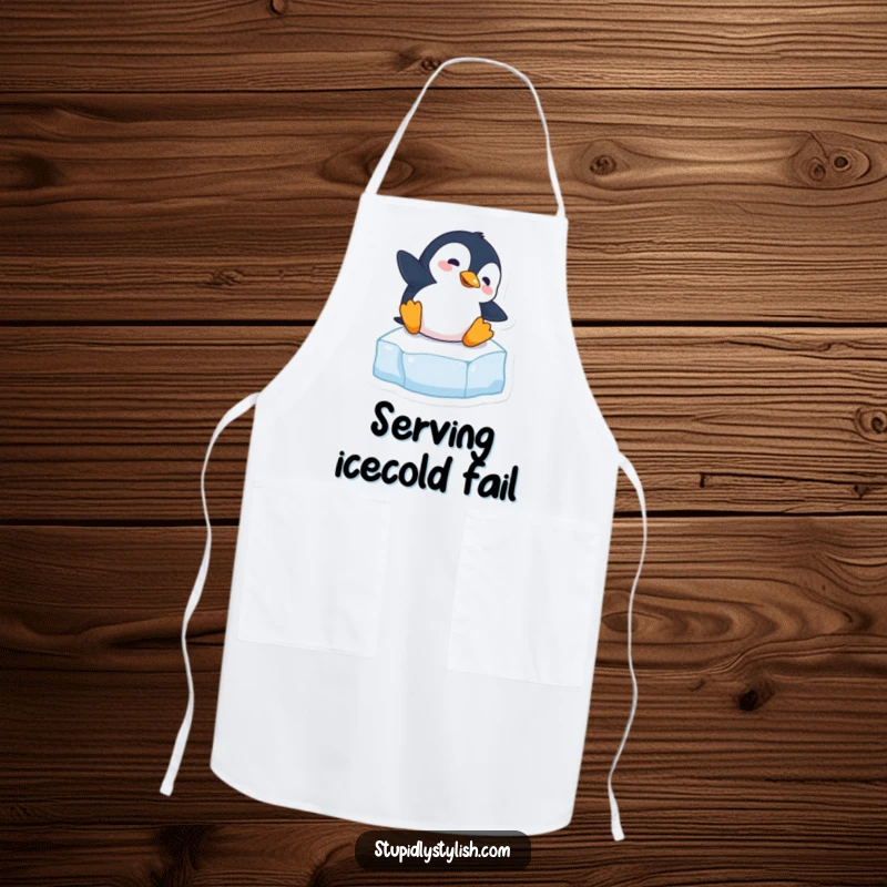 Funny apron showcasing a clumsy penguin slipping on an ice cube, ideal for adding humor to kitchen activities.