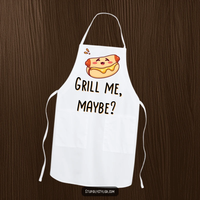 Funny apron depicting a confused hot dog in a bun, adding humor to cooking and protecting clothing.