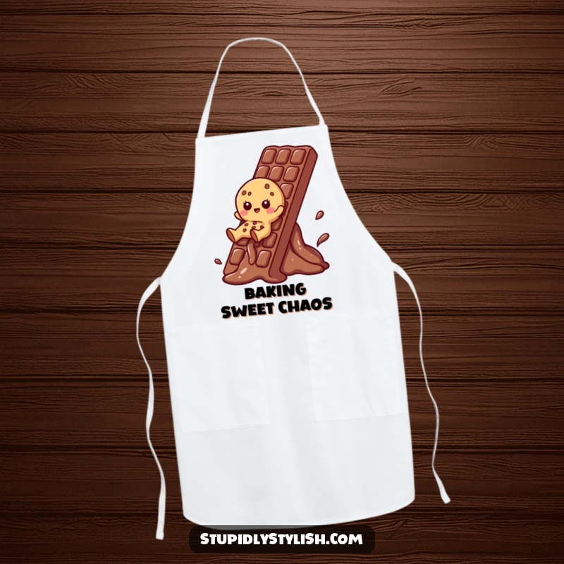 Funny Cookie Apron showing a cookie character sliding down a melting chocolate bar, making baking fun.