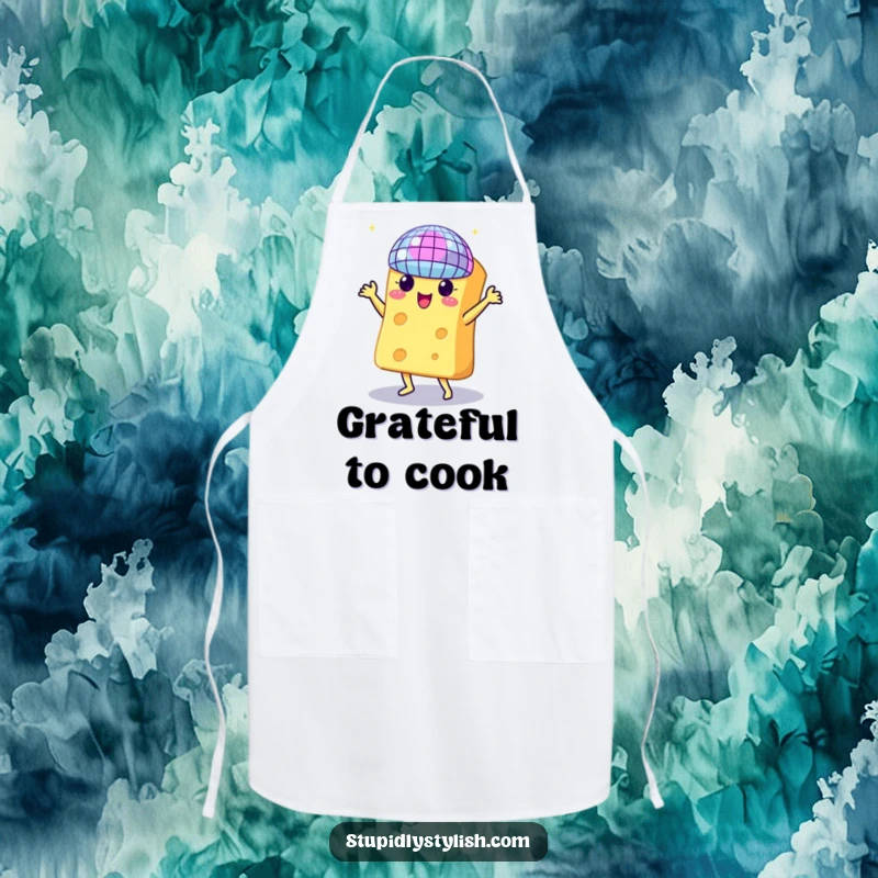 Funny apron depicting a cheese wedge dancing under a disco ball, adding humor and style to kitchen activities.