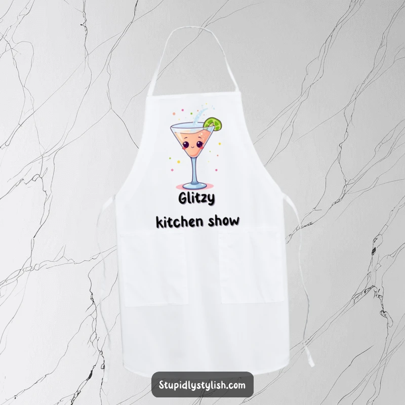 Funny apron: A cocktail glass character performing a lively dance, showering glitter onto the cooking area with a playful spirit.