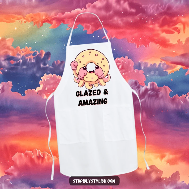 Funny kitchen apron with a cheerful donut wearing boxing gloves on its tentacles, perfect for sweet victories in the kitchen.