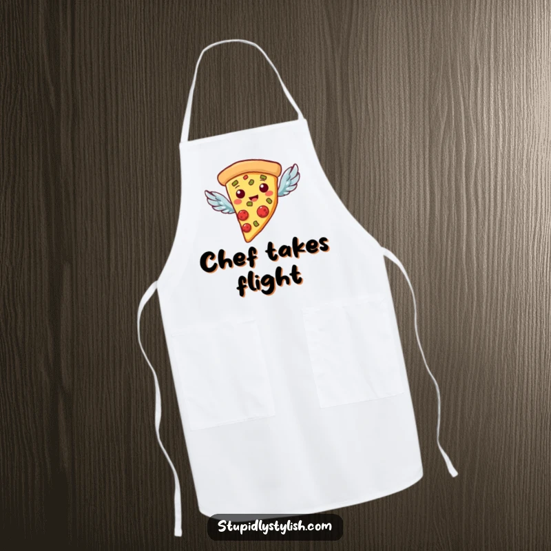 Funny Apron: A pizza slice with tiny wings, flying energetically, perfect for kitchen fun.