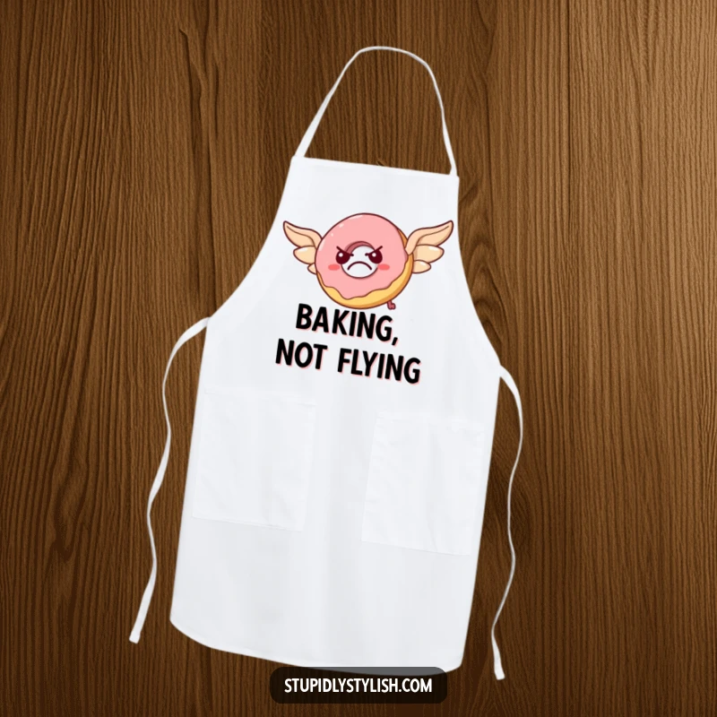 Funny apron shows a grumpy donut with pastry wings trying to fly, creating a comical, flustered scene in the kitchen.