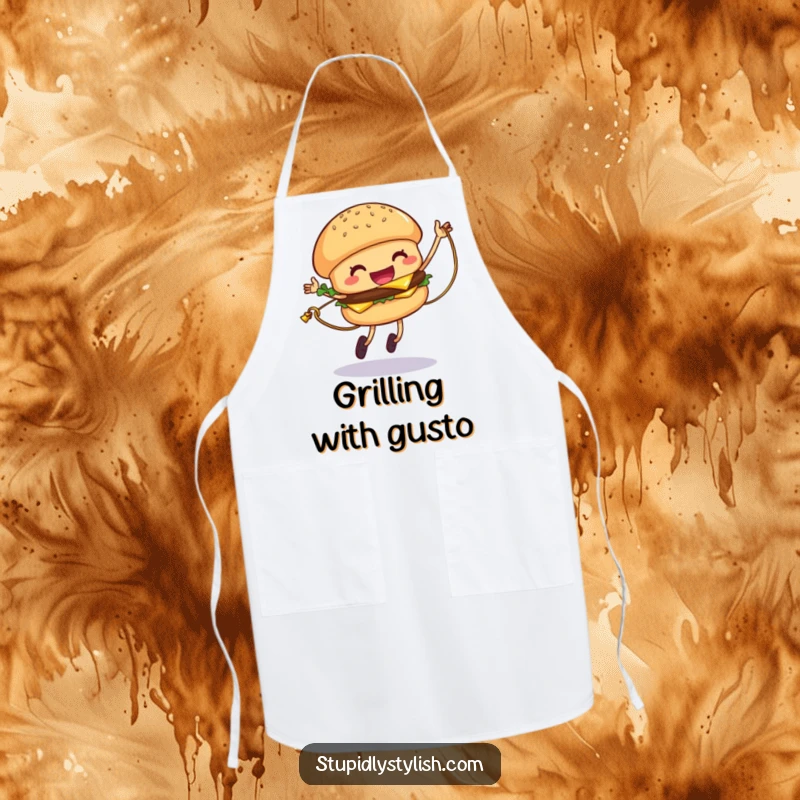 Funny Hamburger Apron showing a giggling hamburger jumping rope with cheese, making cooking more entertaining.