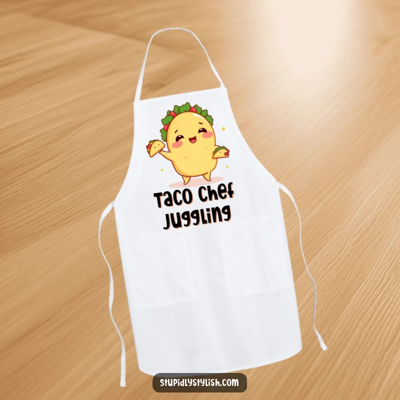 Funny Apron: A taco blushing while juggling tiny tacos, perfect for kitchen humor.