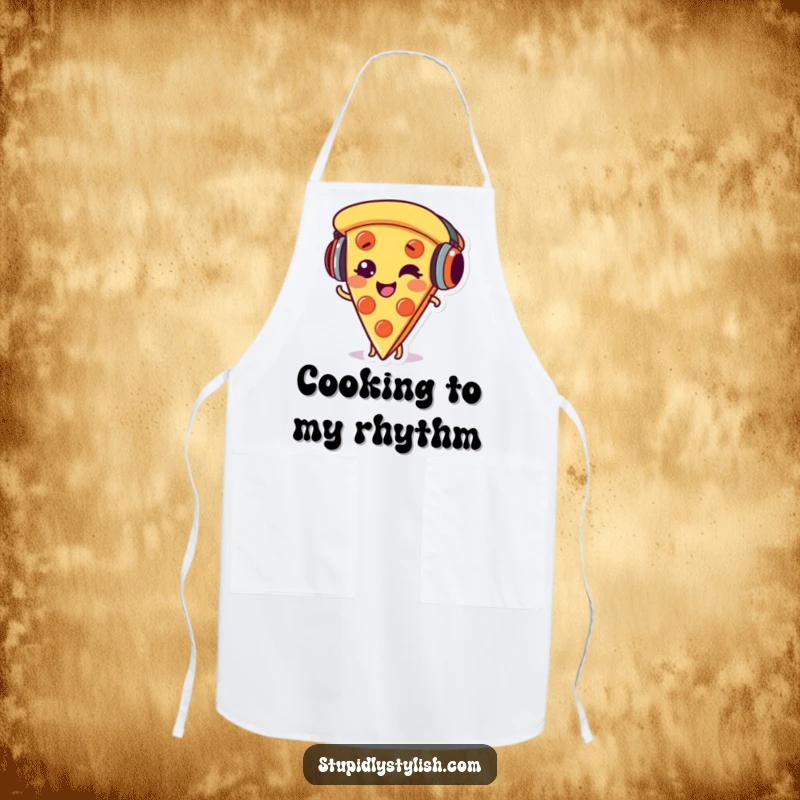 Funny apron featuring a giggling pizza slice wearing headphones, perfect for adding humor to kitchen activities.