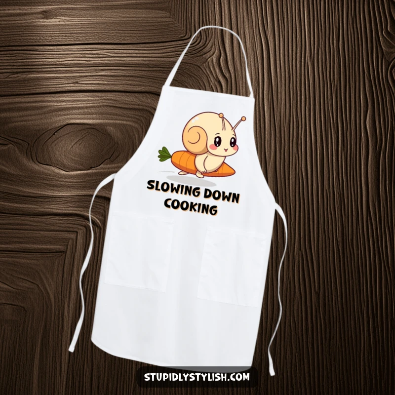 Funny apron featuring a determined snail racing a speedy carrot, perfect for adding humor to kitchen activities.