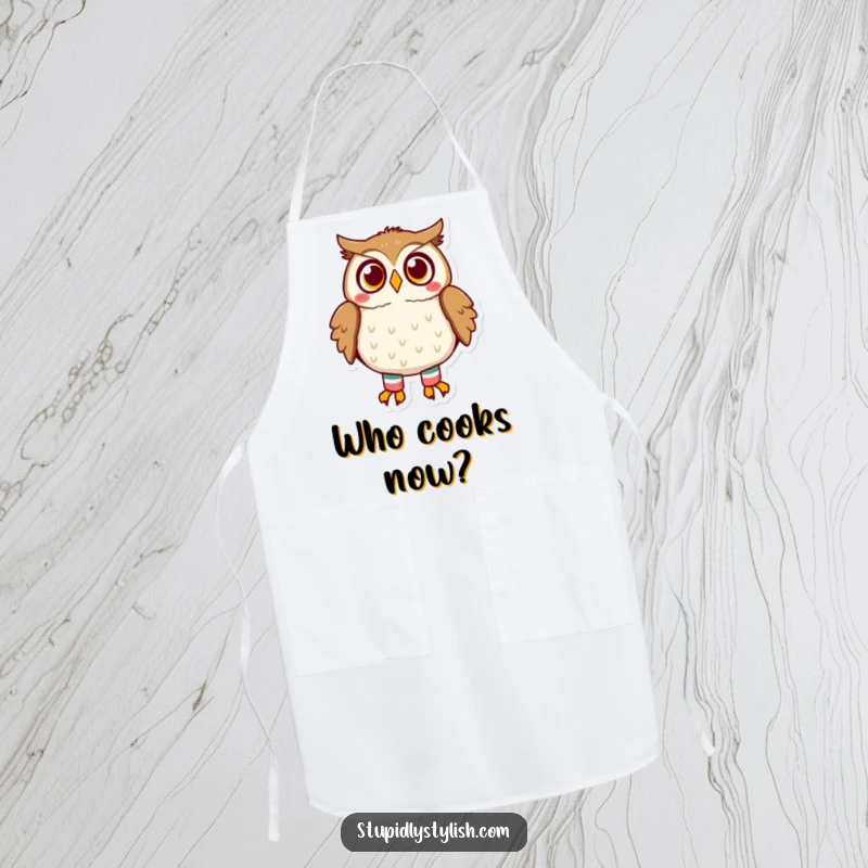 Funny owl apron featuring a surprised owl in mismatched socks, ready to add laughter to cooking or baking sessions, a comical kitchen accessory.