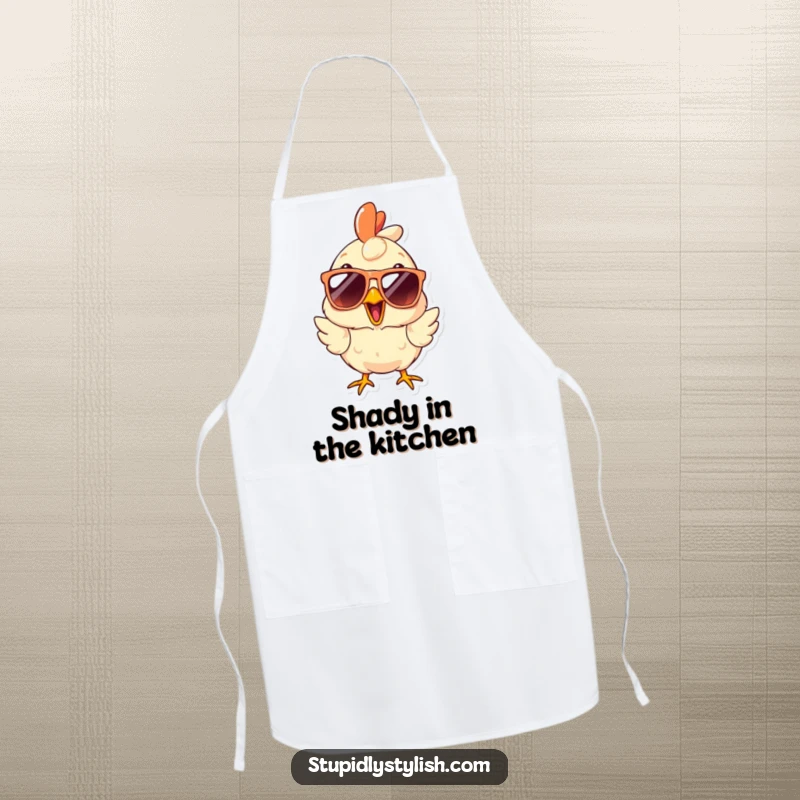 Funny Apron showcasing a surprised chicken wearing oversized sunglasses, adding a humorous and stylish touch to cooking and kitchen tasks.