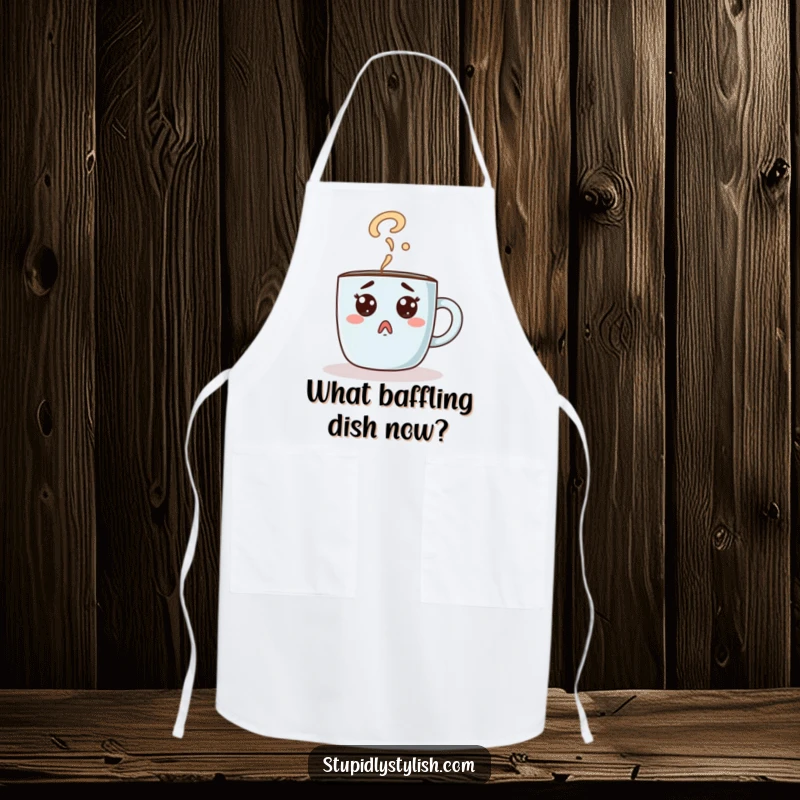 Funny apron featuring a surprised coffee mug, steam forming a question mark. A humorous kitchen essential.
