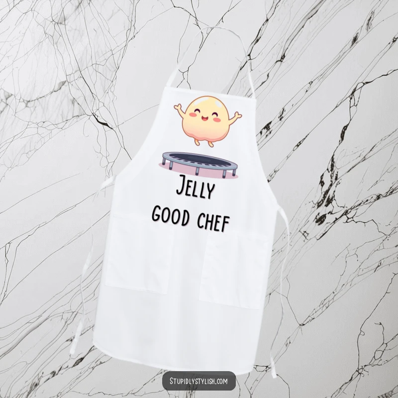 Funny apron featuring a gleeful jelly blob bouncing joyfully on a trampoline, ready for kitchen chaos and fun.