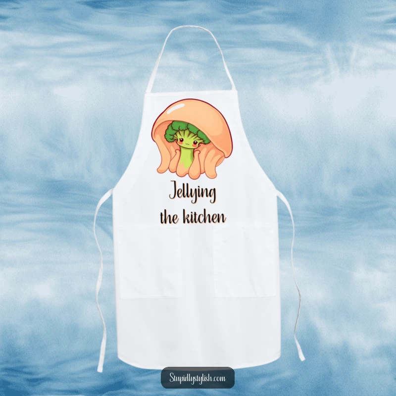Funny apron with a shy broccoli floret peeking from behind a giant, wobbly jelly, perfect for kitchen fun.