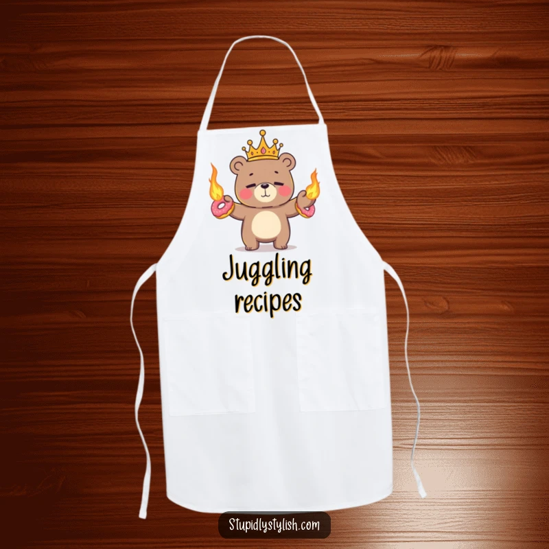 Funny, durable apron depicting a tiny crowned bear nervously juggling flaming donuts with a nervous smile.
