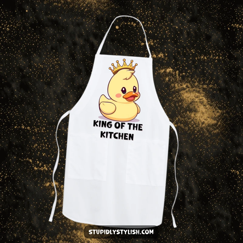 Funny Apron: A rubber duck wearing a tiny crown, looking surprised, great for kitchen humor.