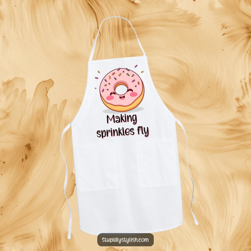 Funny apron showing a giggling donut with sprinkles flying off, perfect for protecting clothes with sweet treat humor.