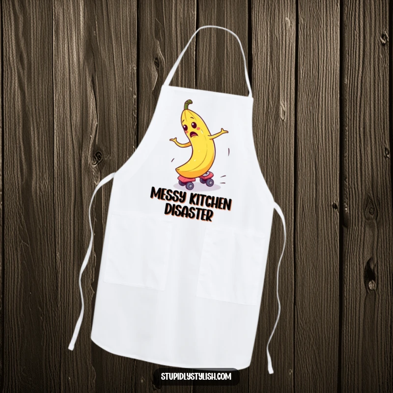 Funny Apron showcasing a bewildered banana comically spinning out of control on roller skates, bringing humor to the kitchen.