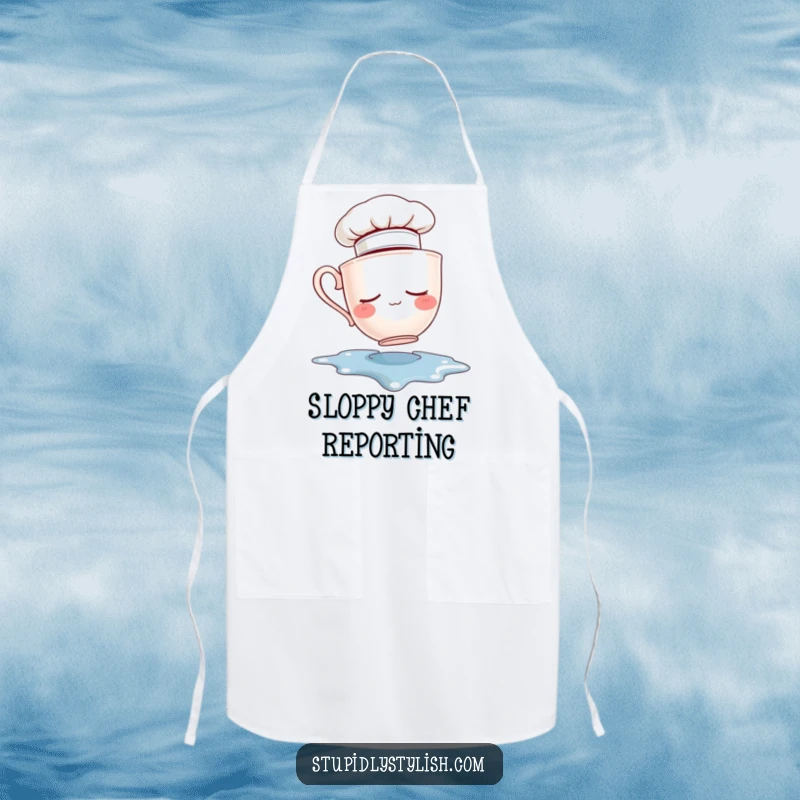 Funny apron featuring a sleepy teacup chef hat falling into a puddle. Humorous kitchen wear for cooks.