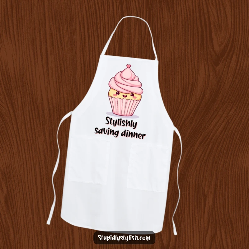 Funny apron showing a proud cupcake with a tiny top hat, perfect for protecting clothes with dapper dessert humor.