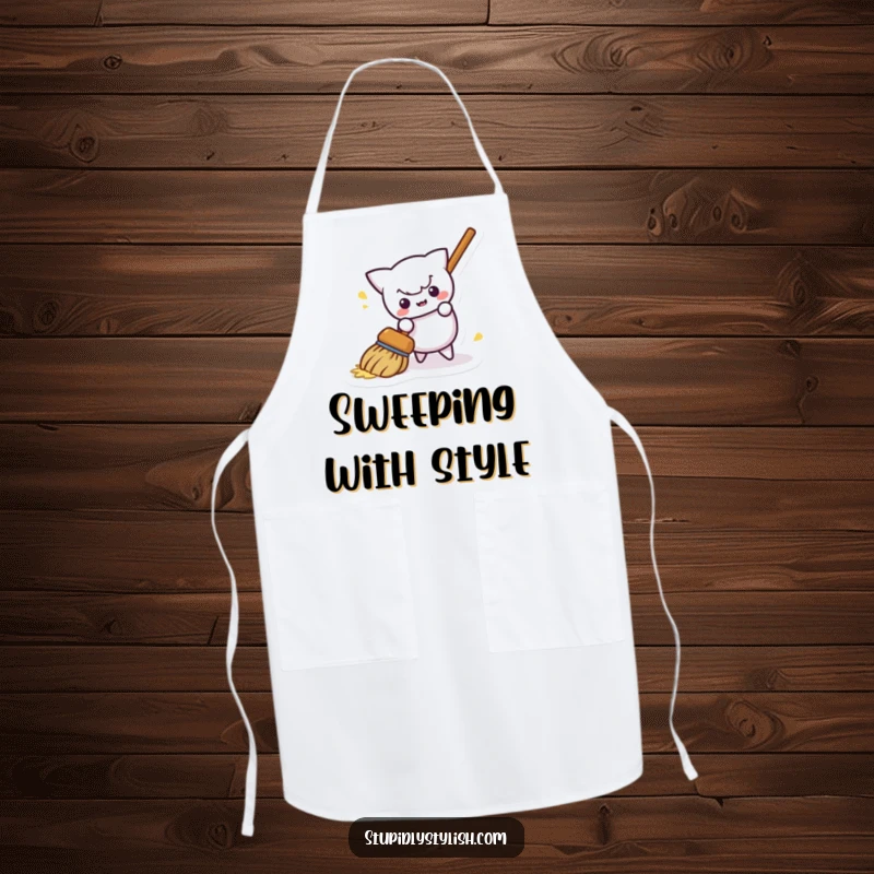 Funny apron illustrating a mischievous broom cleaning itself away, adding humor and practicality to kitchen wear.