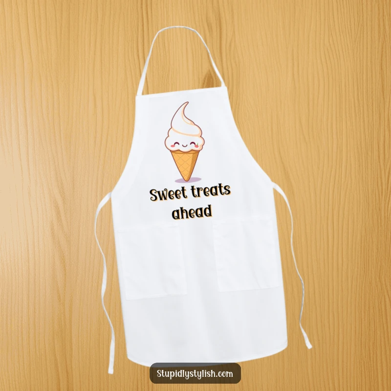 Funny apron featuring a silly ice cream cone with a grin, aiming for a cherry, perfect for dessert lovers.