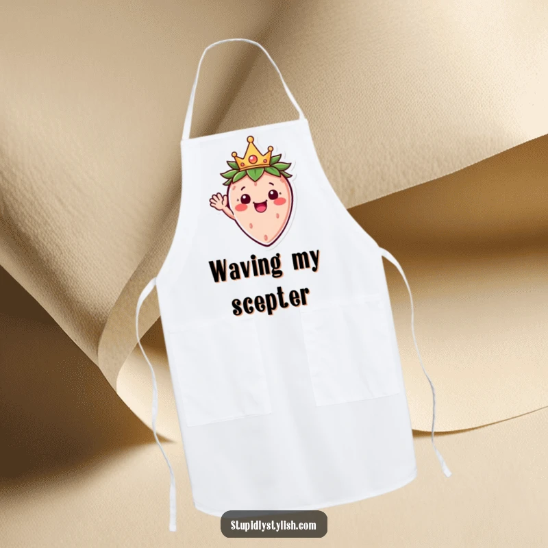 Funny apron showcasing a happy strawberry character in a little crown, waving hello, perfect for a cheerful kitchen.