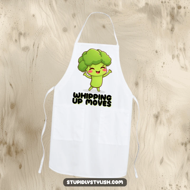 Funny apron featuring a giggling broccoli character in a fun dance pose, perfect for a cheerful cooking experience.