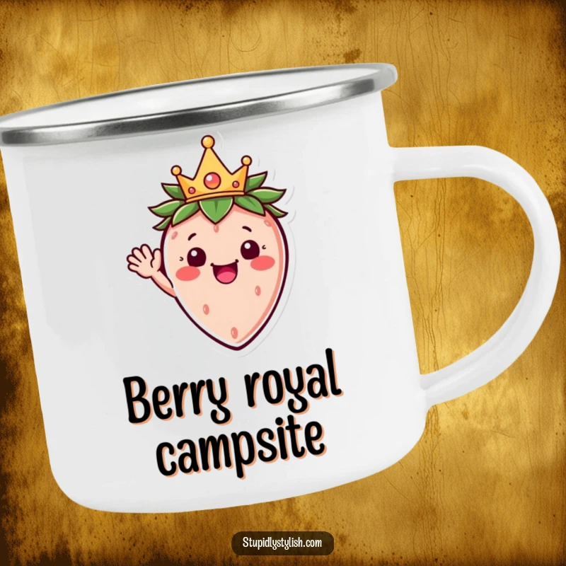 Funny enamel camping mug with a happy crowned strawberry character waving hello, perfect for outdoor fun.