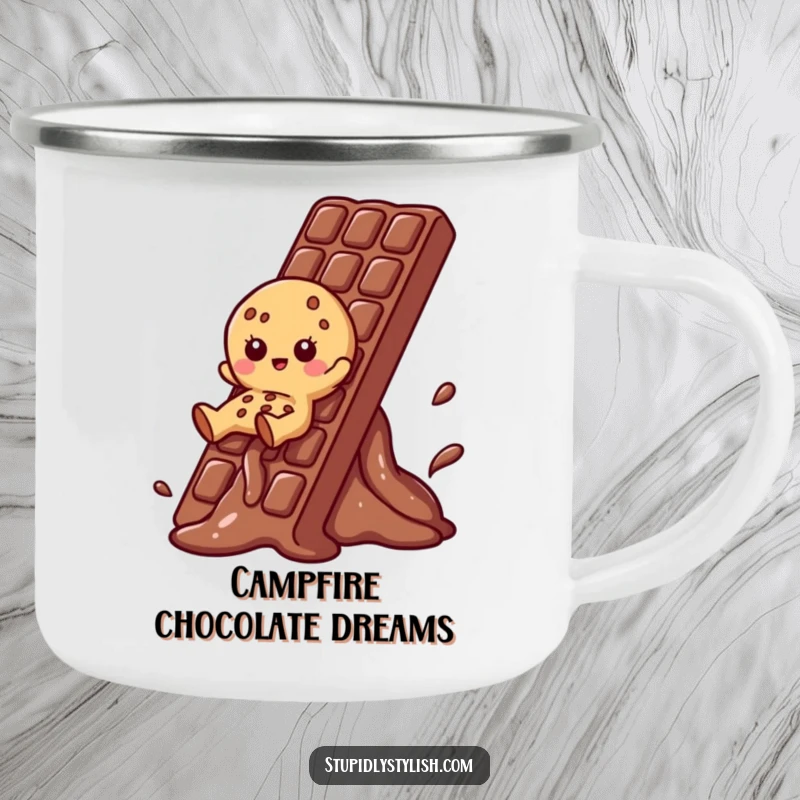 Funny Cookie Camping Mug showing a cookie character sliding down a melting chocolate bar, ready for sweet adventures.