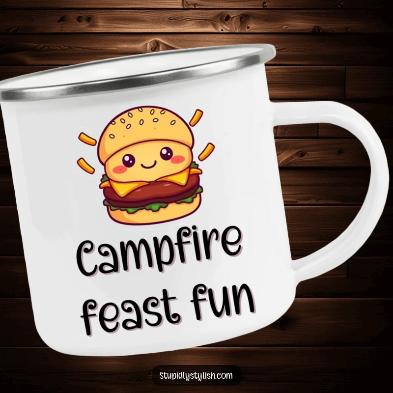 Cute smiling burger character juggling falling fries, perfect for a durable enamel camping mug with food-themed humor.