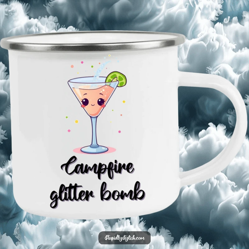 Funny camping mug: A dancing cocktail glass character showering glitter, perfect for enjoying drinks during outdoor excursions.
