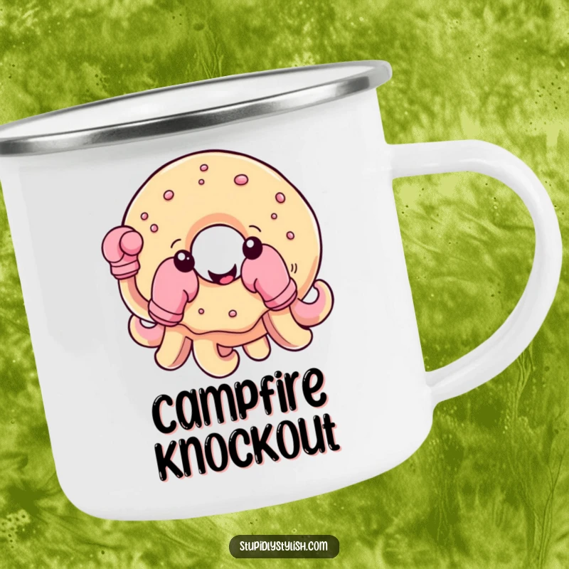 Funny enamel camping mug featuring a cheerful donut with boxing gloves on its tentacles, perfect for outdoor fun.