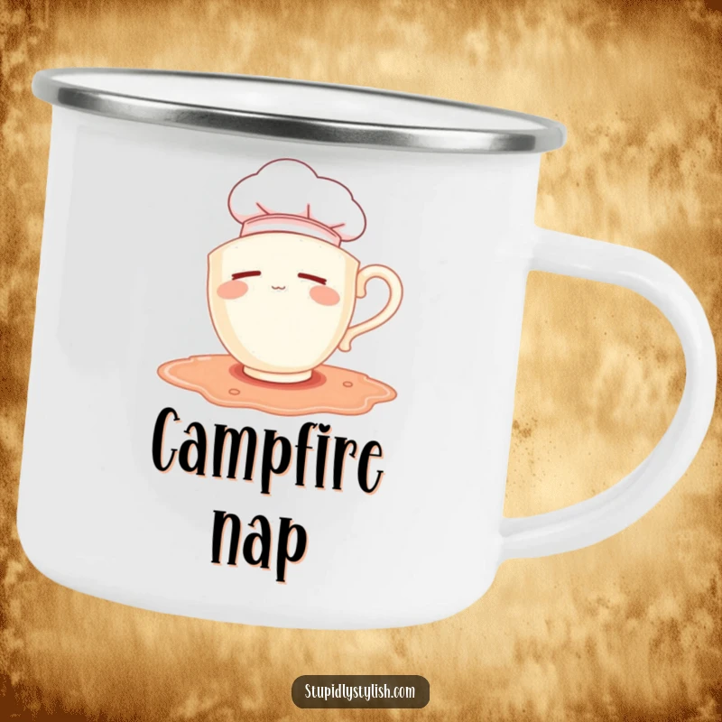 Funny camping mug: sleepy teacup chef falling into a puddle, durable and humorous for outdoor use.