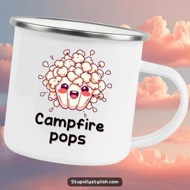 Funny camping mug with an overwhelmed popcorn kernel bursting outwards, ideal for outdoor use and a humorous touch.