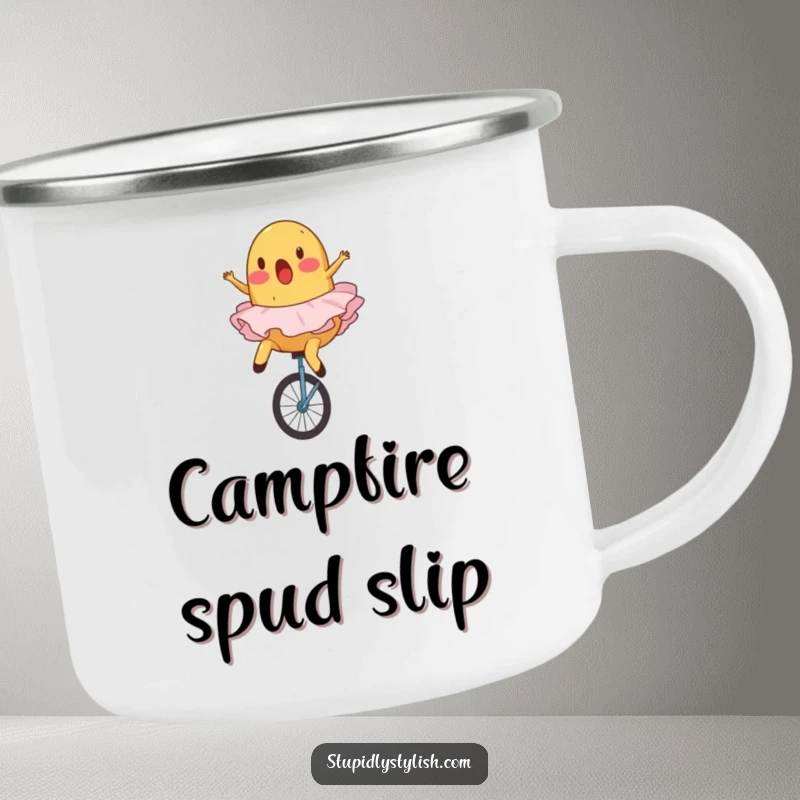Funny, enamel camping mug depicting a surprised potato in a ballet tutu comically falling off a unicycle.