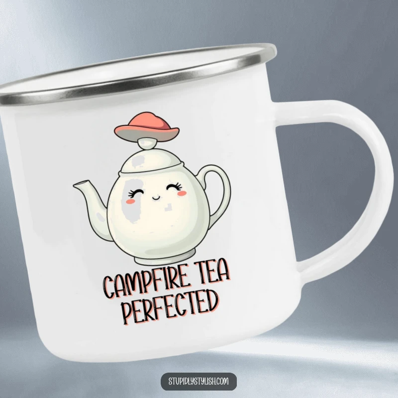 Funny camping mug showcasing a stylish teapot character wearing a fashionable hat, perfect for enjoying tea outdoors with flair.