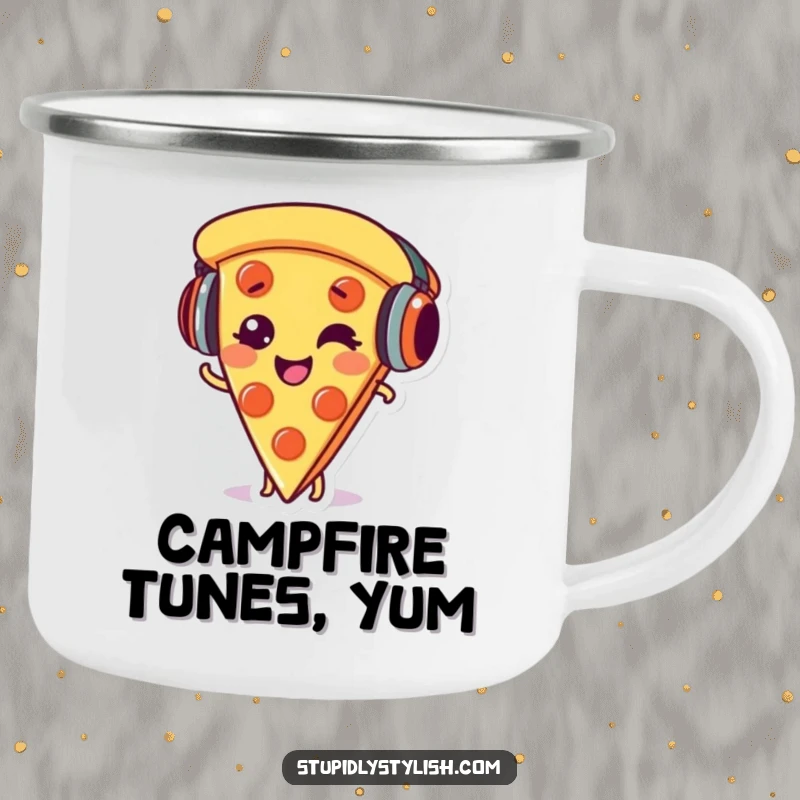 Funny camping mug featuring a giggling pizza slice with headphones, perfect for music-loving outdoor enthusiasts.