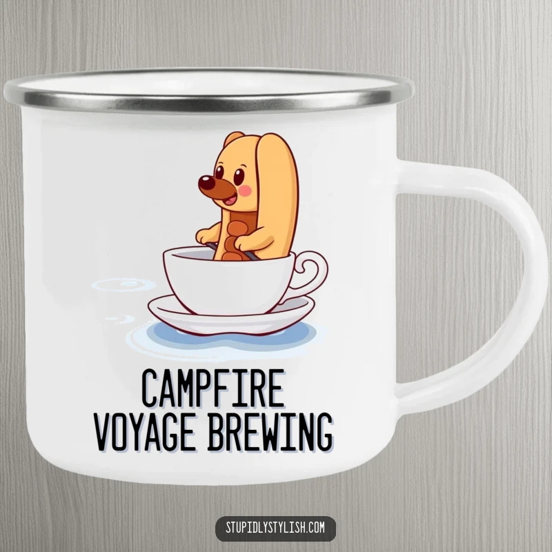 Funny Camping Mug showing a determined hot dog comically paddling a teacup across a vast ocean, perfect for the ambitious outdoorsman.