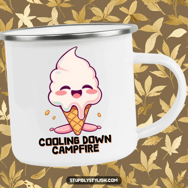 Funny camping mug: A giggling ice cream cone melting dramatically, perfect for enjoying drinks during outdoor adventures.