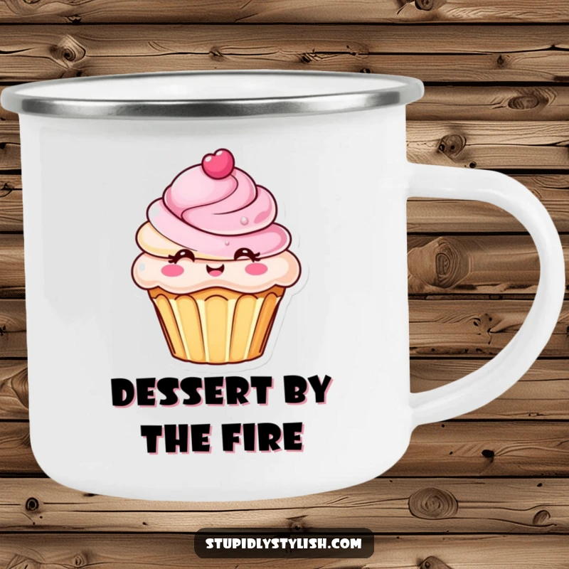Funny camping mug showcasing a chic cupcake with an elaborate frosting design, perfect for enjoying sweet beverages outdoors.