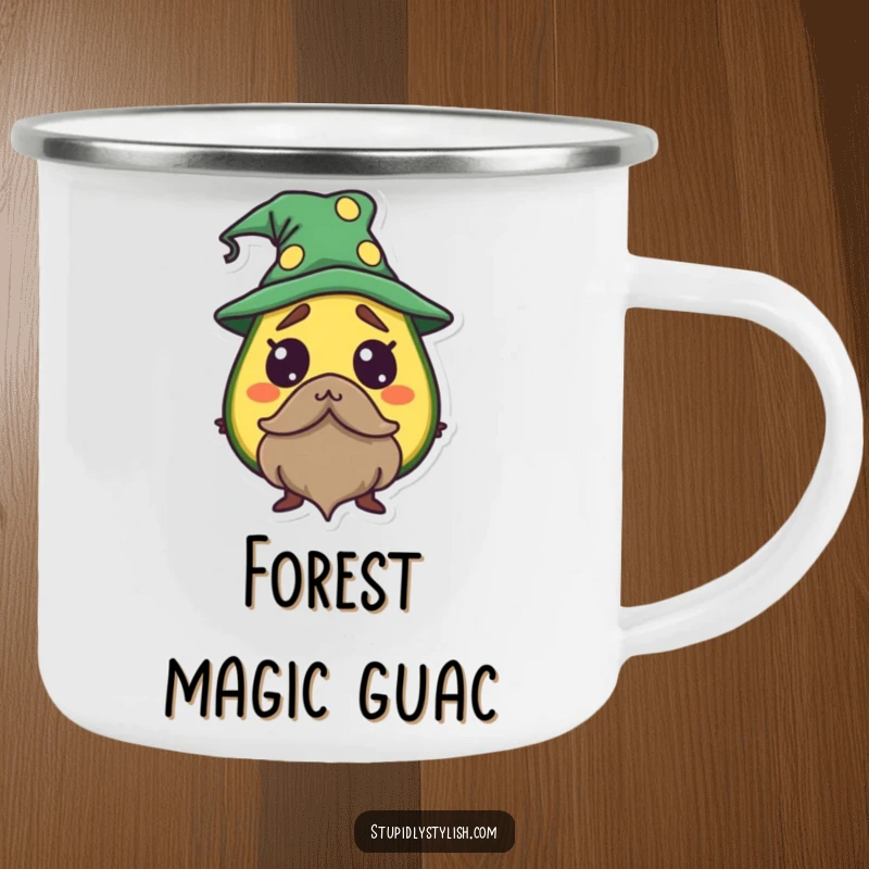 Funny Avocado Wizard Camping Mug showing a startled avocado as a wizard, ready for magical outdoor trips.