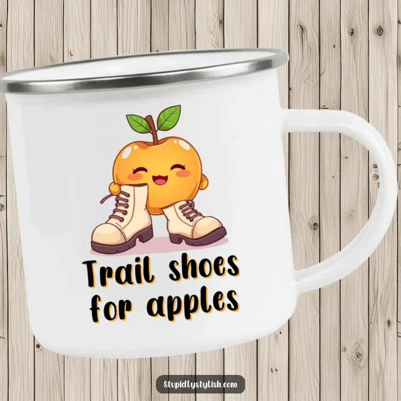 Funny camping mug with a cute apple character attempting to wear enormous, mismatched shoes, perfect for outdoors.