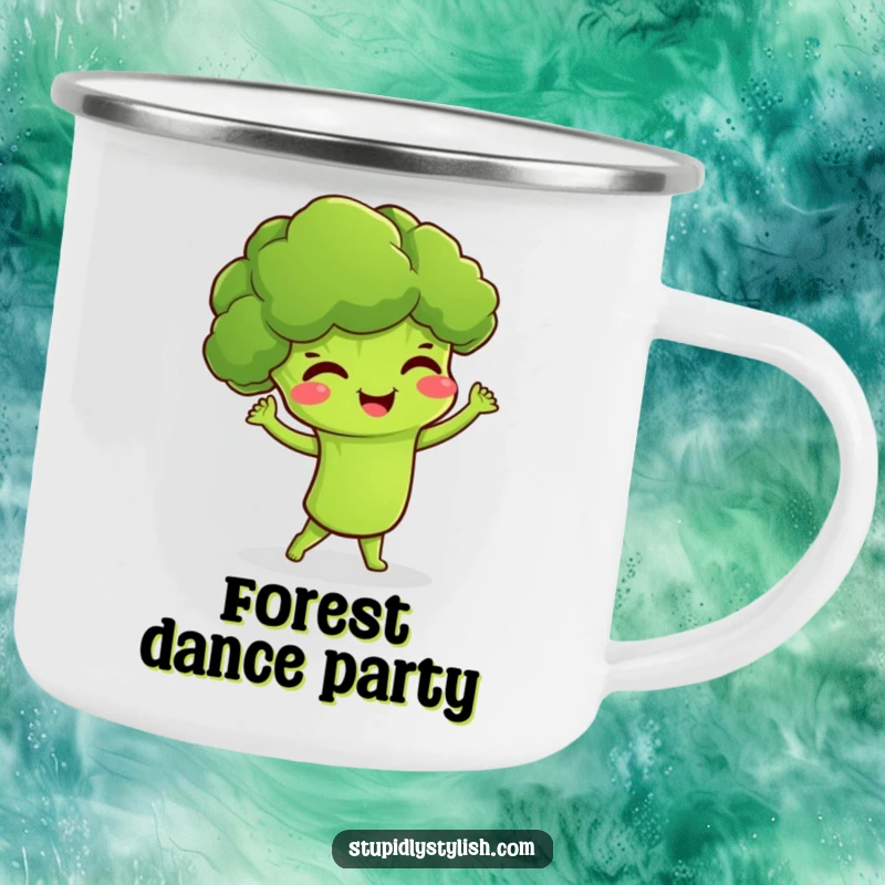 Funny enamel camping mug featuring a giggling broccoli character in a silly dance, perfect for outdoor fun.